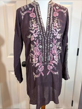 Johnny Was Purple Tunic with Pink Floral Embroidery